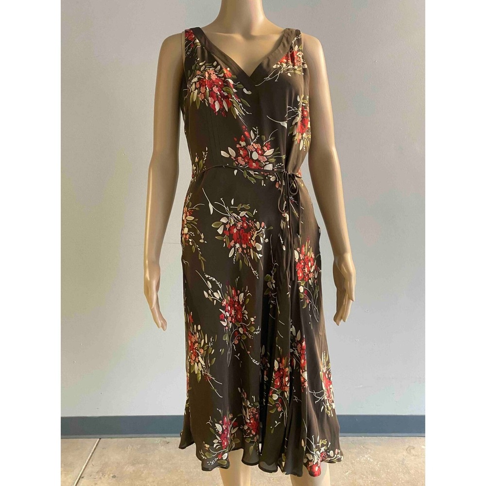 ANN TAYLOR LOFT Brown Floral 100% Silk Midi Dress Sleeveless V-Neck Size 6